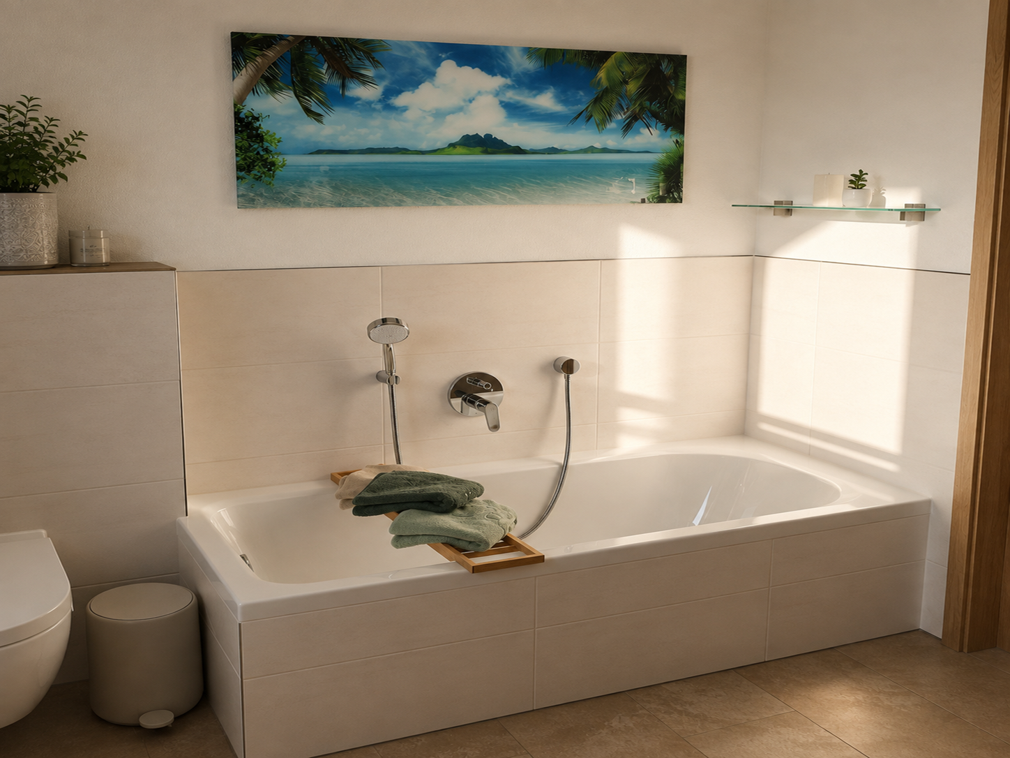 Entspannen in der Badewanne im warmen Morgenlicht Badewanne im warmen Morgenlicht mit Handtüchern und Wandbild